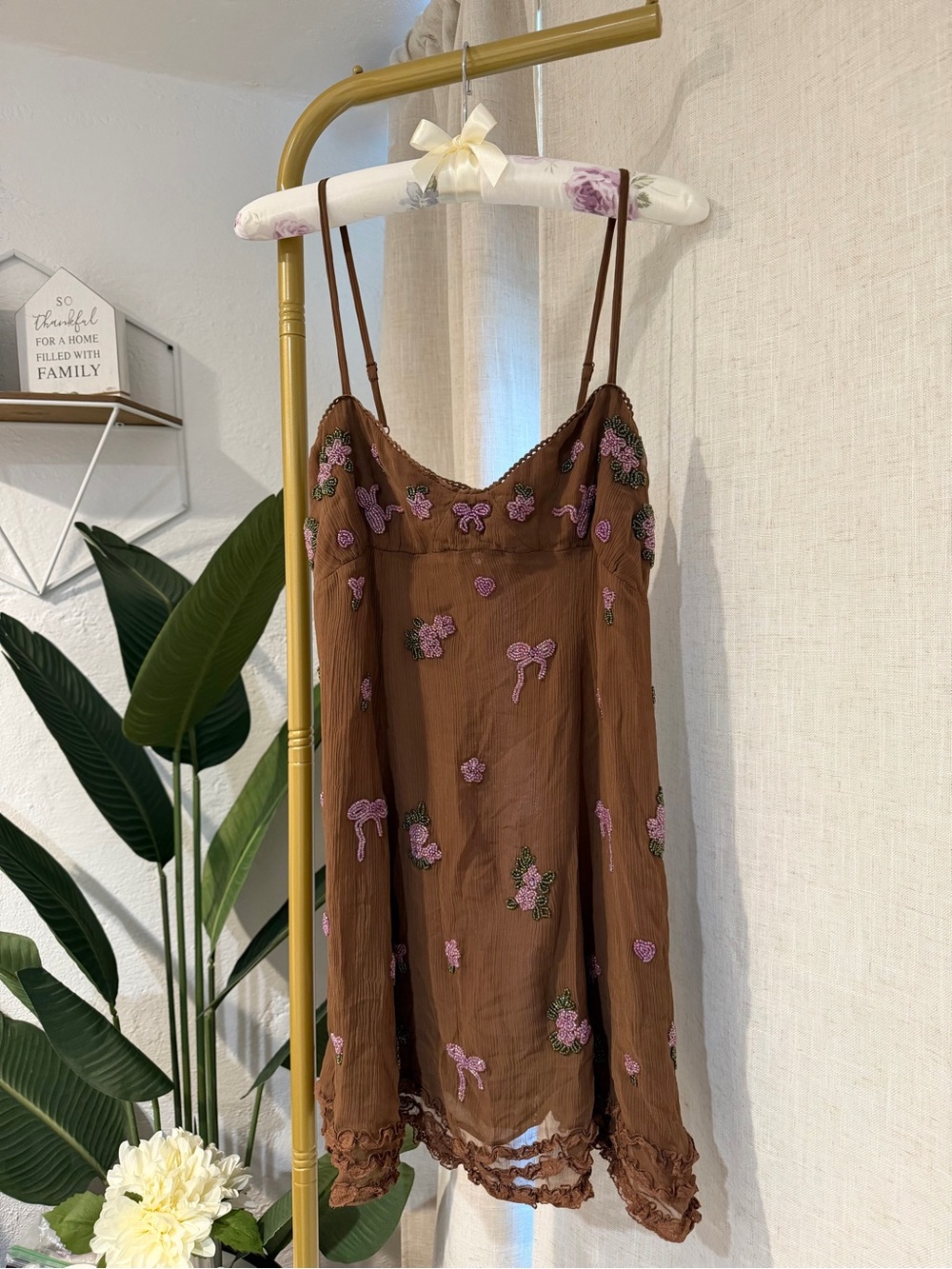 For Love & Lemons Beaded Garden Brown Mini Dress Size Small NWT - Picture 8 of 13